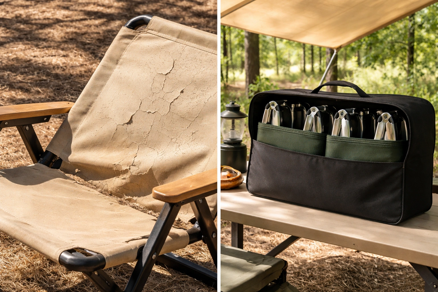 Comparison of sun-damaged faded chair fabric versus protected chair fabric stored in carry bag under shade