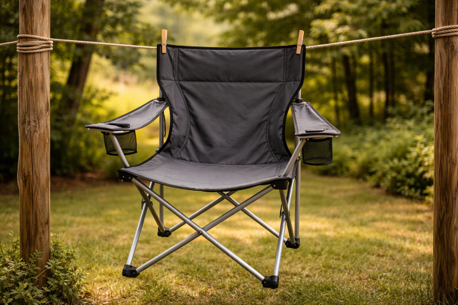 Camping chair hanging on clothesline in shaded backyard for proper air drying