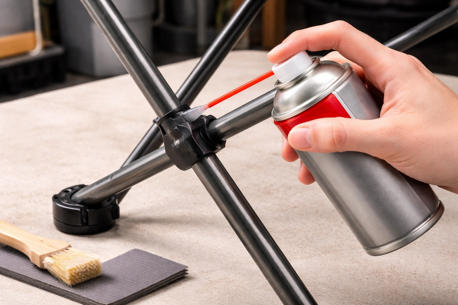 Applying silicone lubricant to folding hinge joint of camping chair frame for maintenance