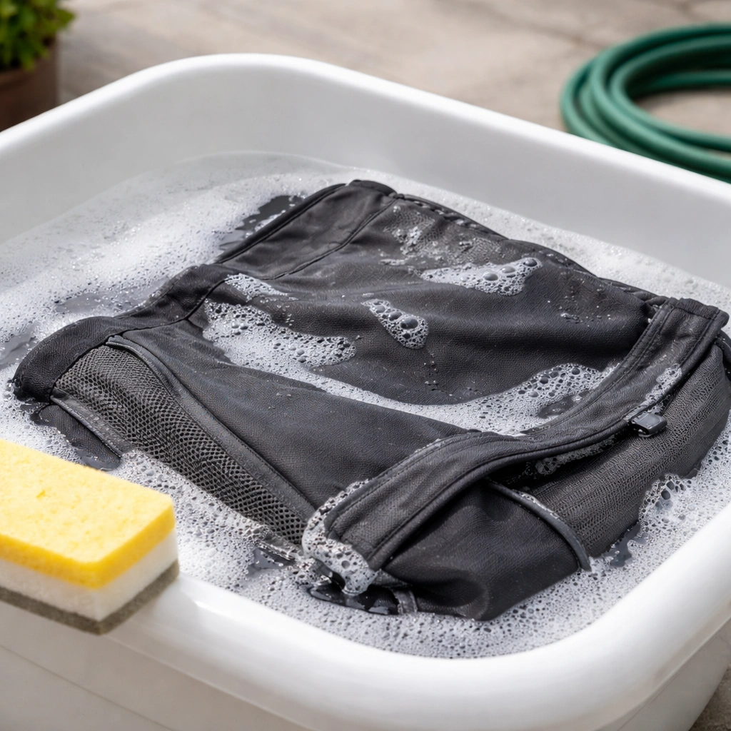 Hand washing camping chair fabric in a tub with lukewarm soapy water and soft sponge