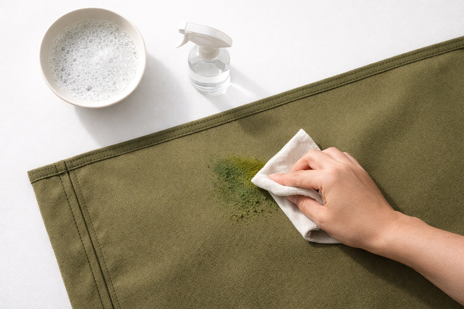 Spot treating a grass stain on camping chair fabric with soapy cloth and vinegar spray