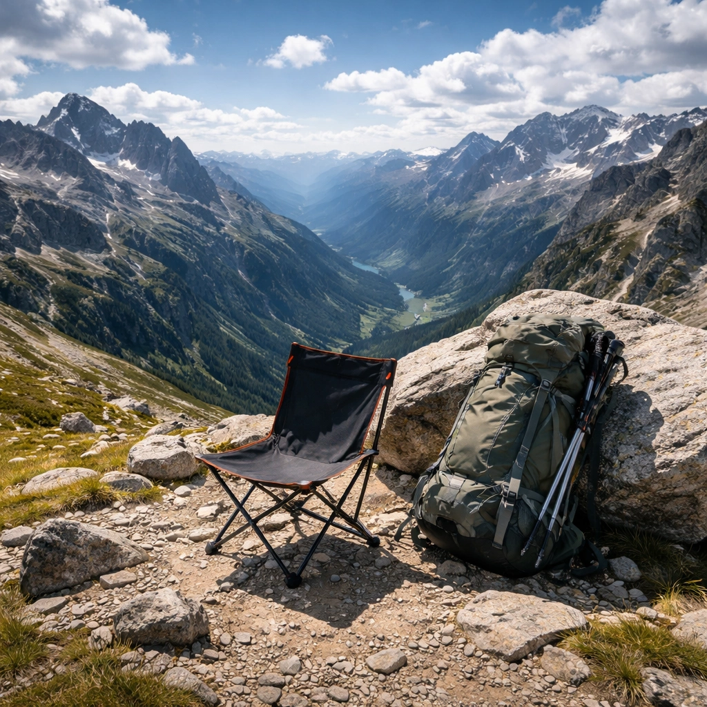 Compact lightweight aluminum camping chair set up on rocky mountain summit with hiking backpack beside boulder