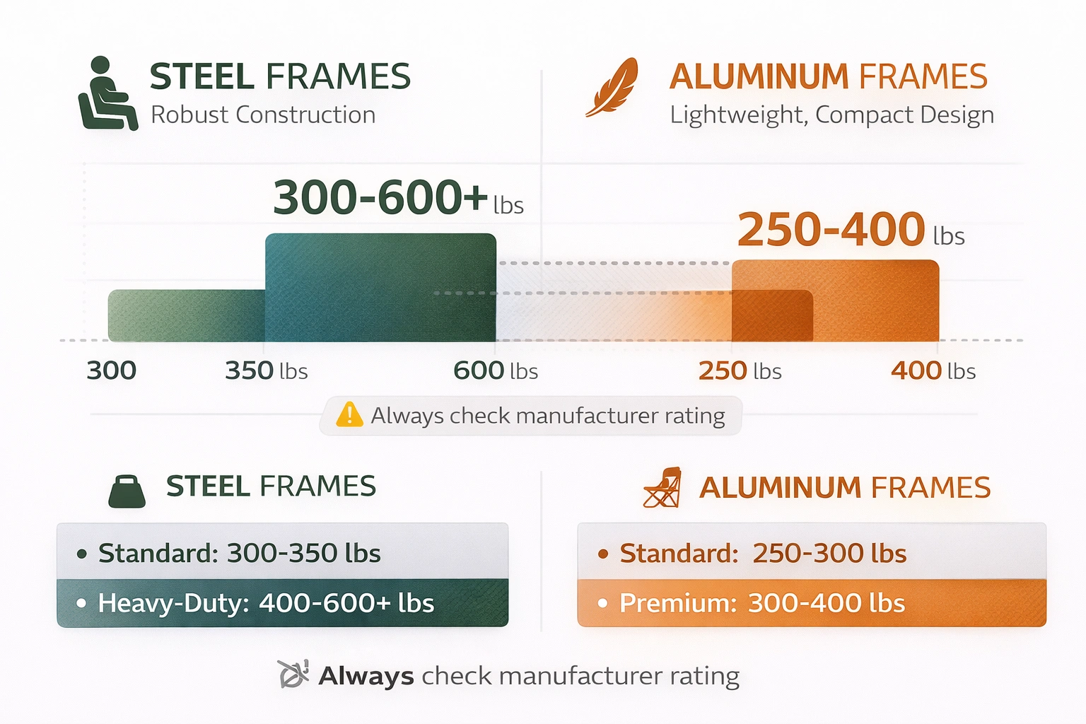 Comparison chart showing weight capacity ranges for steel and aluminum camping chairs