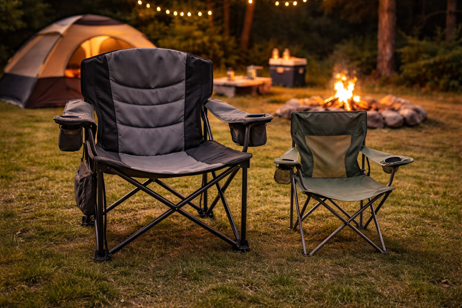 Large wide-seat heavy-duty camping chair with thick steel frame and cross-braces beside standard folding chair for scale comparison at campsite