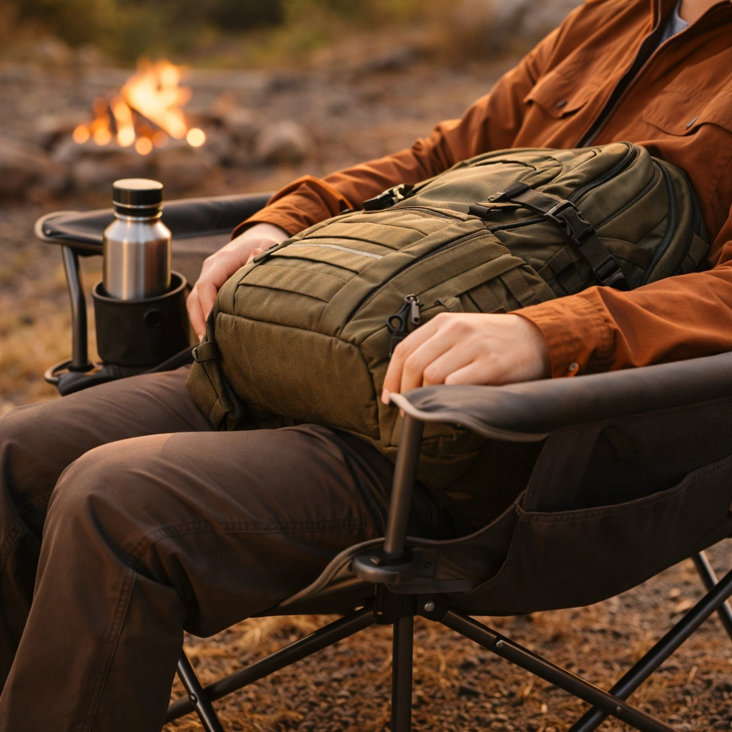 Person sitting comfortably in wide heavy-duty chair with backpack on lap and water bottle in cup holder at campsite