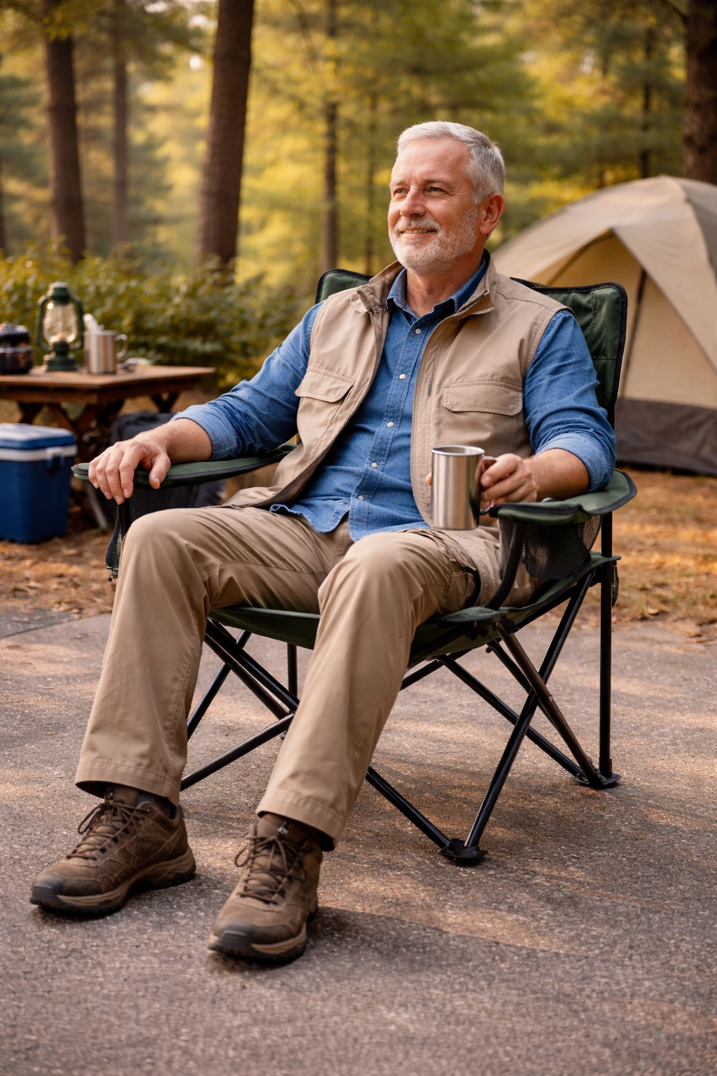 Older person sitting comfortably in camping chair with high seat height and sturdy armrests on flat paved campsite surface