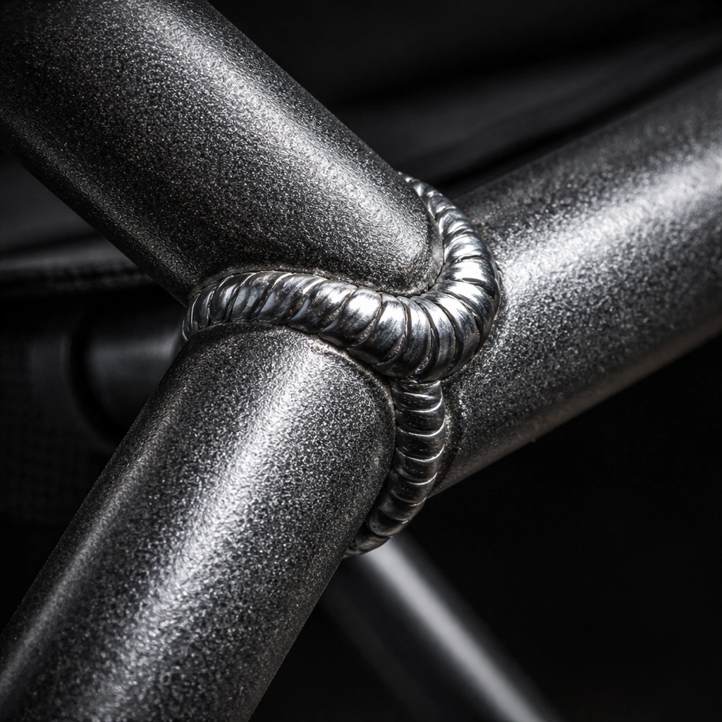 Extreme close-up of thick-walled steel camping chair frame tube with powder-coated finish and reinforced weld joint