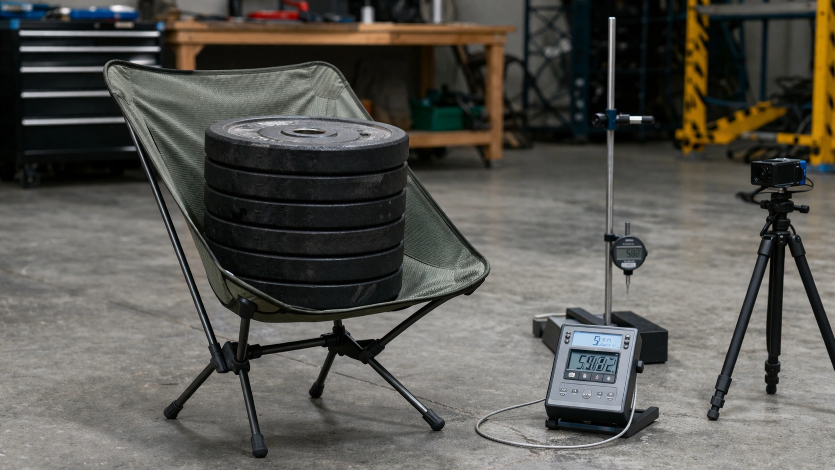 Camping chair on flat concrete surface with large calibrated weight plates stacked on seat for load testing in workshop