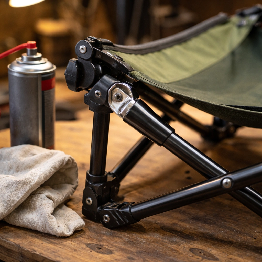 Partially disassembled camping chair on workbench with silicone spray and cloth