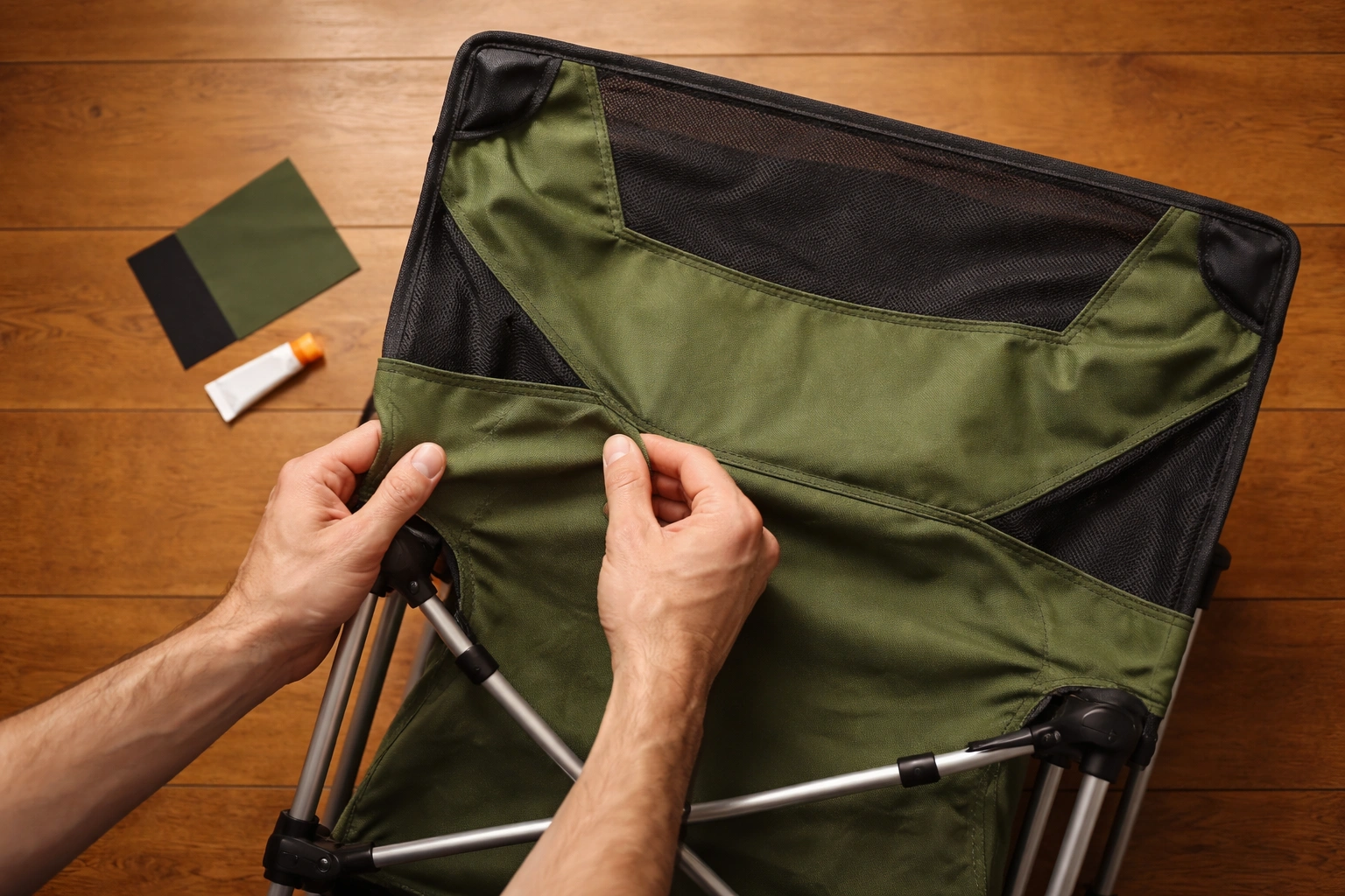 Hands inspecting fabric seams and metal frame of an unfolded camping chair with patch kit nearby