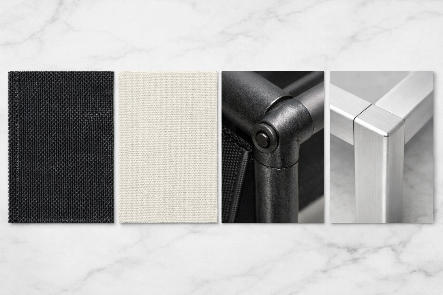 Side by side comparison of polyester mesh, canvas, steel frame, and aluminum frame materials for camping chairs