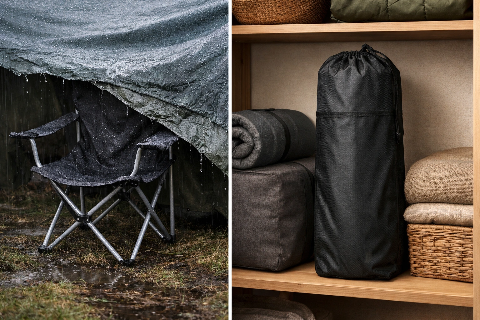 Side by side comparison showing wrong storage under wet tarp versus correct indoor storage on shelf