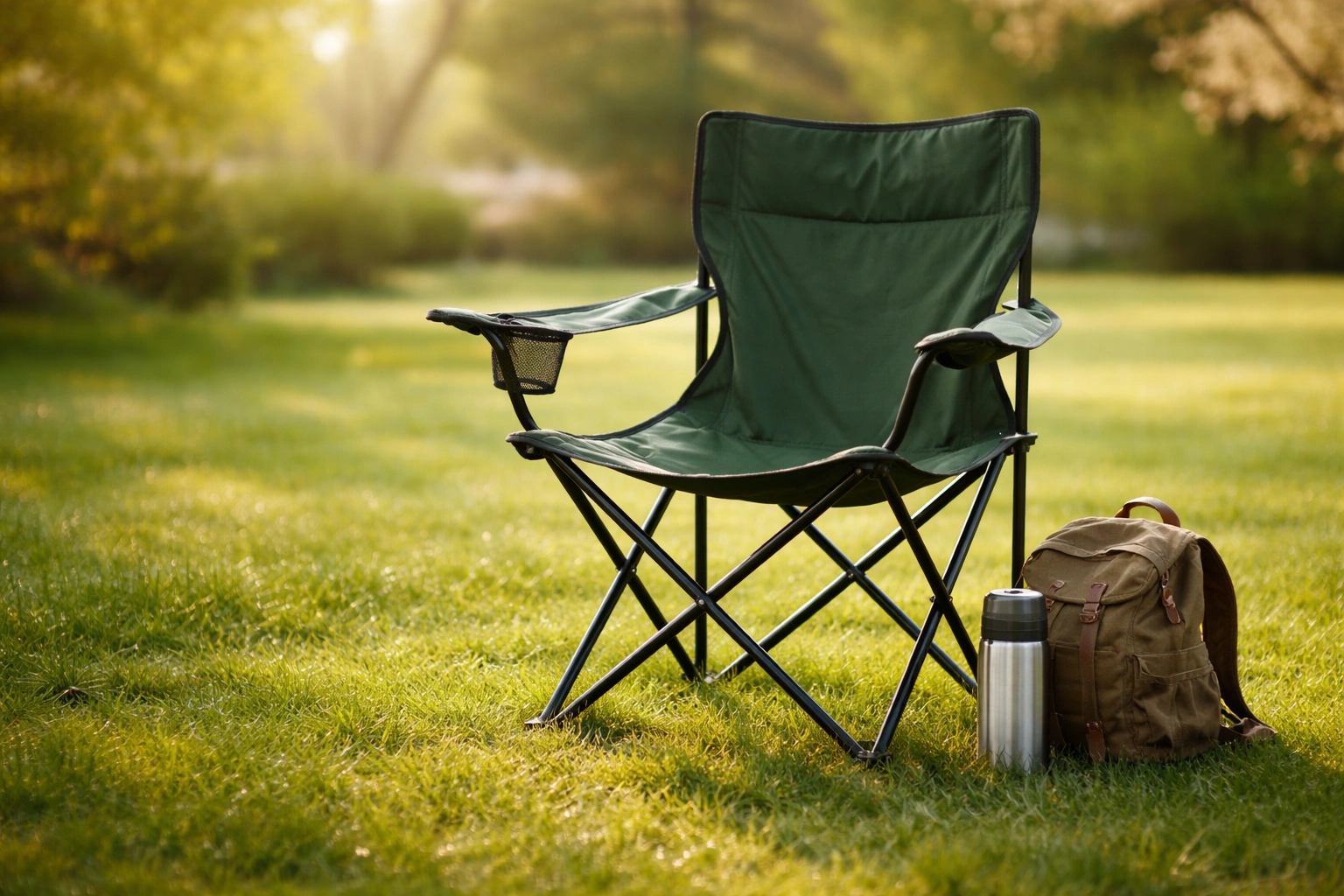 Camping chair set up on green grass lawn in early spring with morning dew and soft sunlight