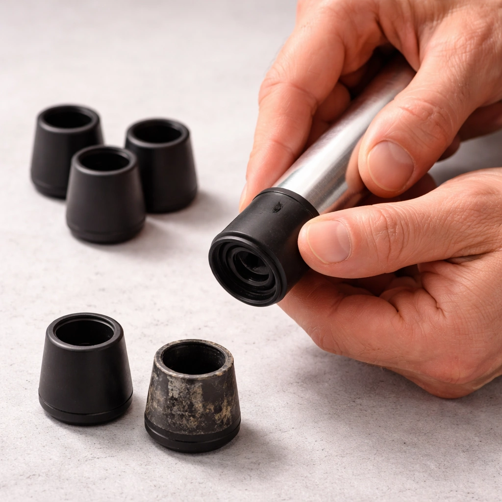 Hands press-fitting new rubber foot cap onto camping chair leg tube with old worn cap visible for comparison
