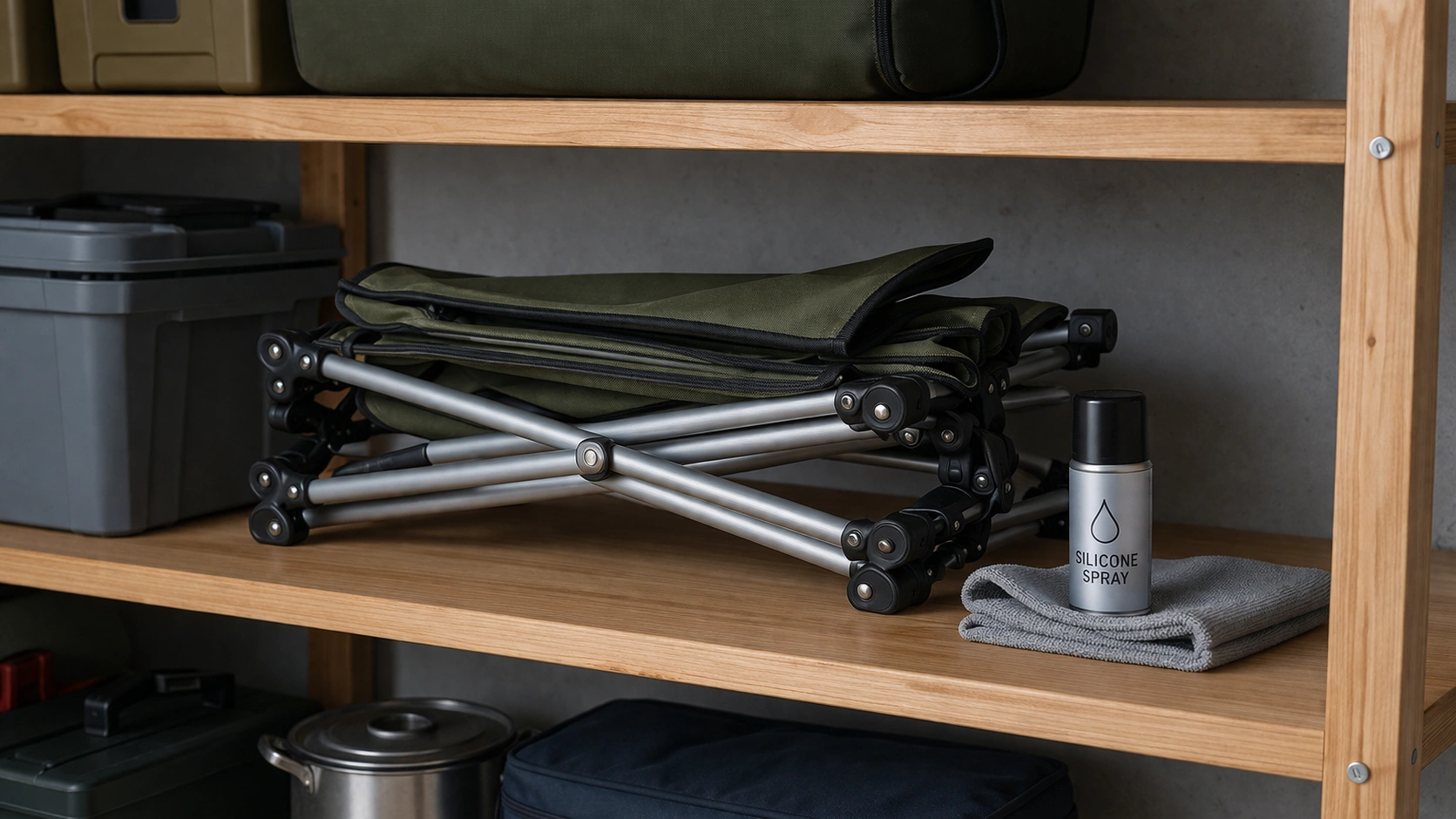 Well-maintained camping chair stored on wooden shelf in clean dry garage with silicone spray and cloth beside it