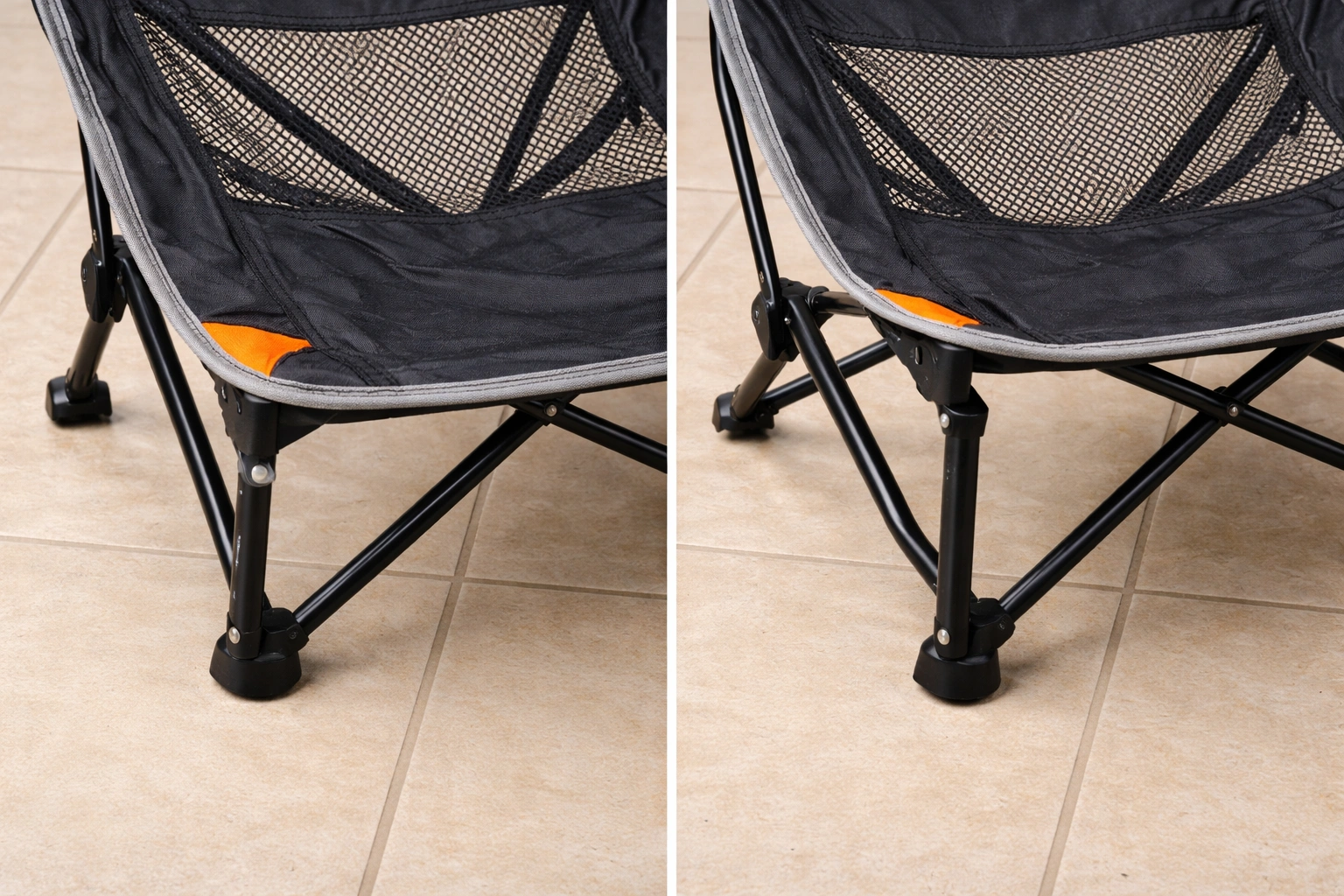 Side by side comparison of repairable camping chair with loose rivet versus beyond-repair chair with cracked welds and bent frame