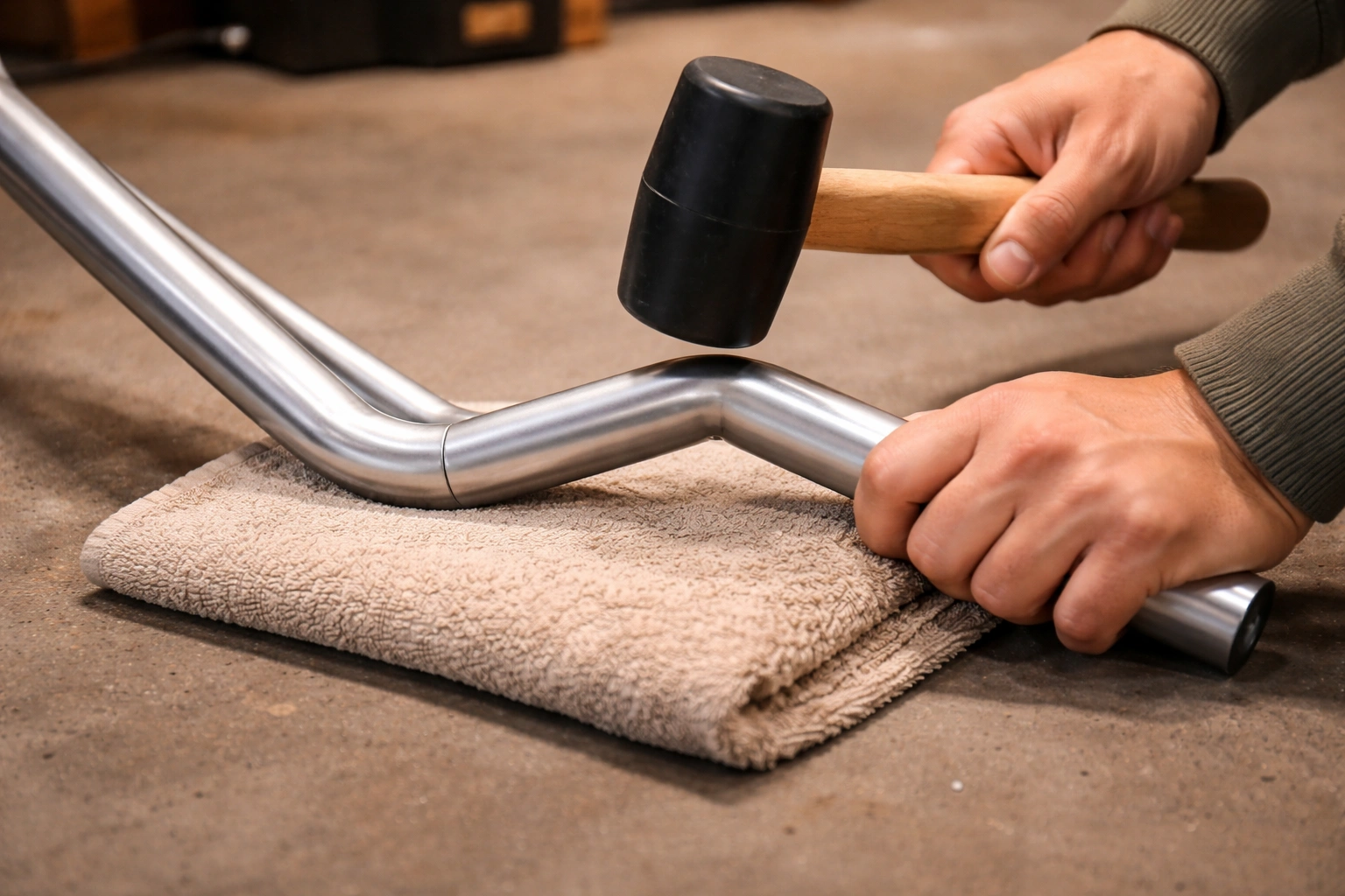 Hands using rubber mallet to tap bent aluminum chair leg back into alignment on concrete floor with towel pad