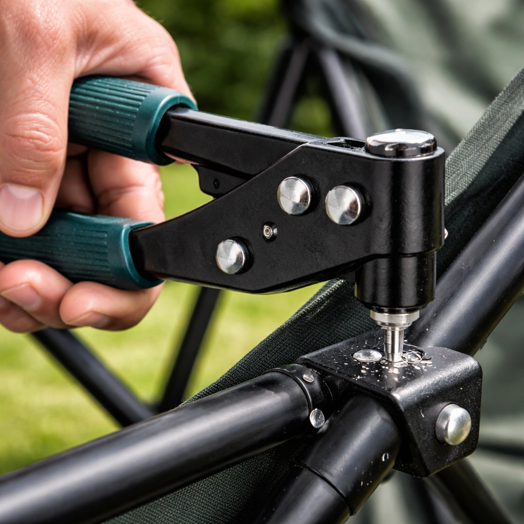 Hands using hand riveter tool to install new pop rivet into camping chair frame joint