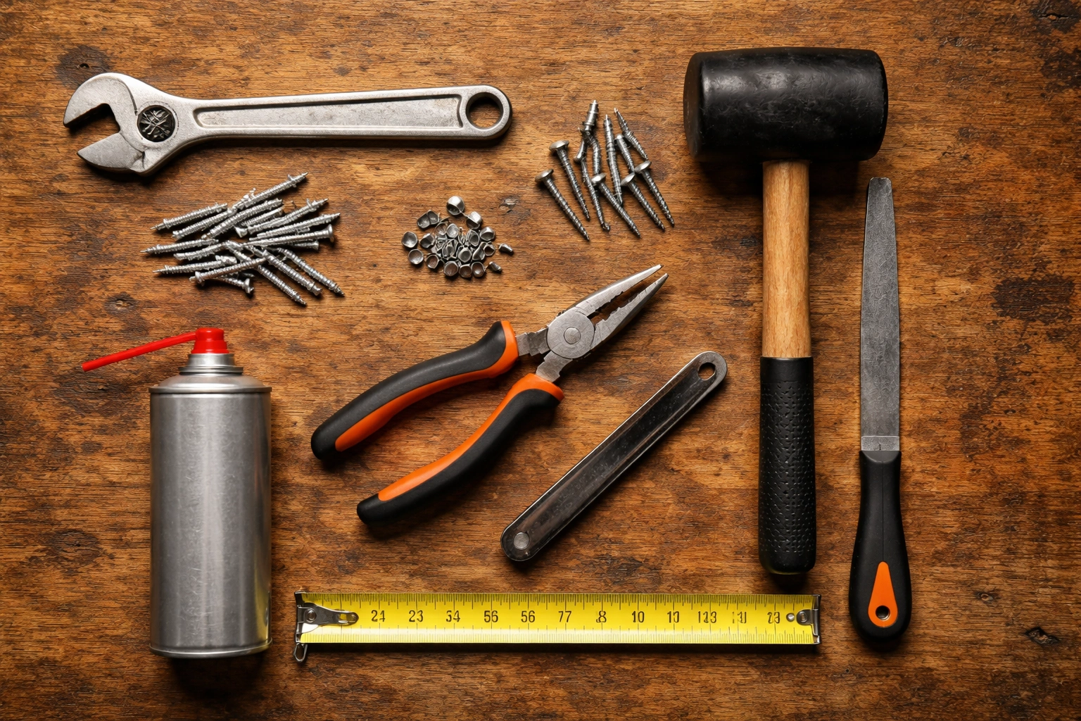 Top-down flat-lay of repair tools on wooden workbench including wrench rivets screws rubber mallet pliers spray and tape