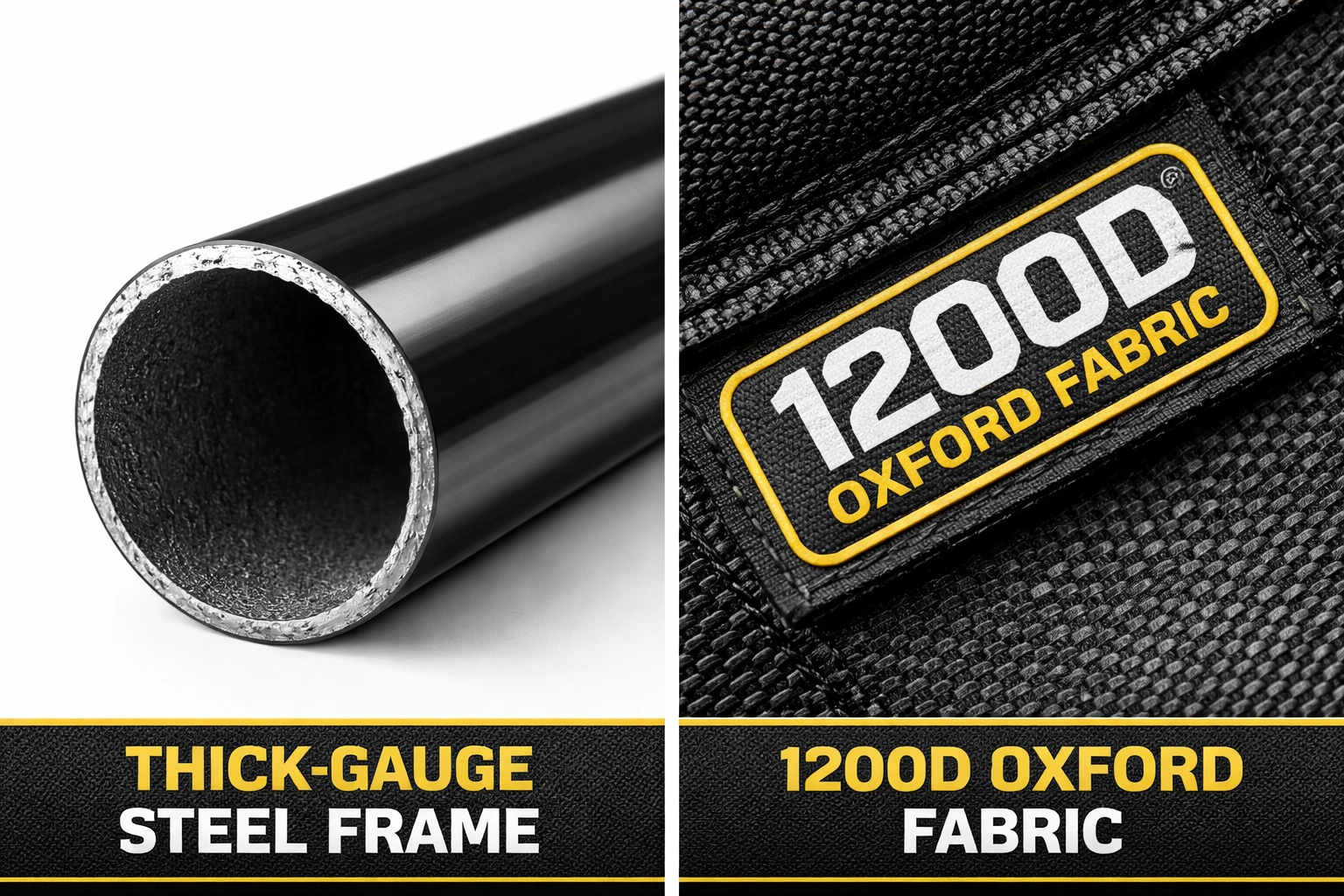 Close up of XXL camping chair materials: reinforced steel frame and 1200D Oxford fabric