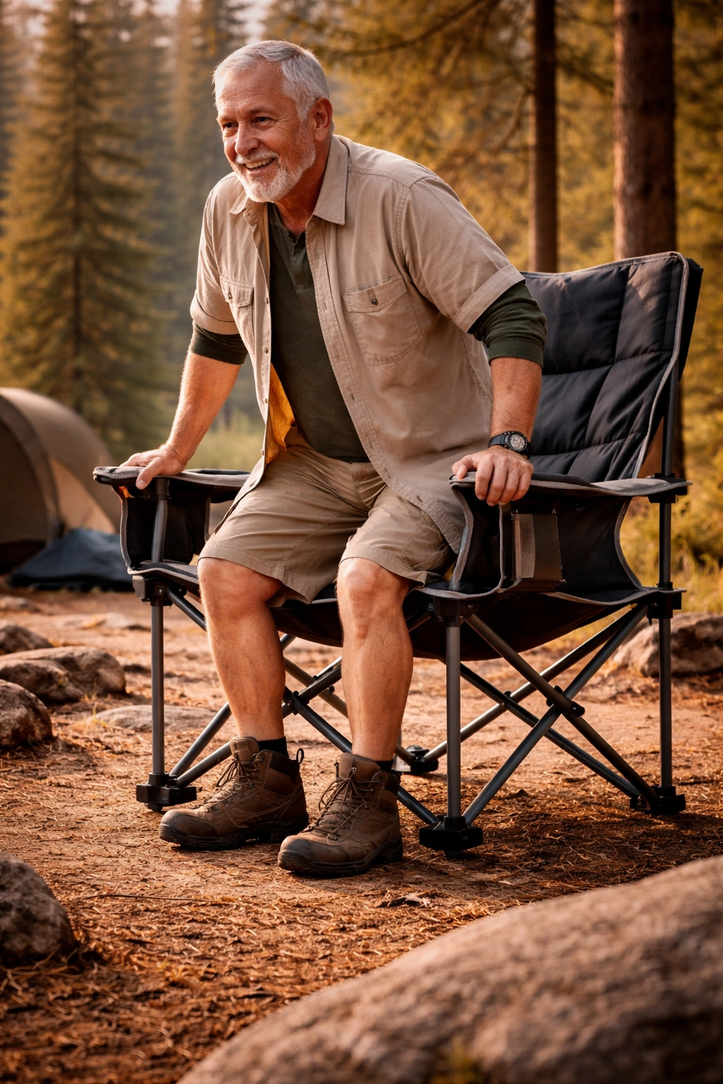 Senior using XXL heavy duty camping chair with easy entry