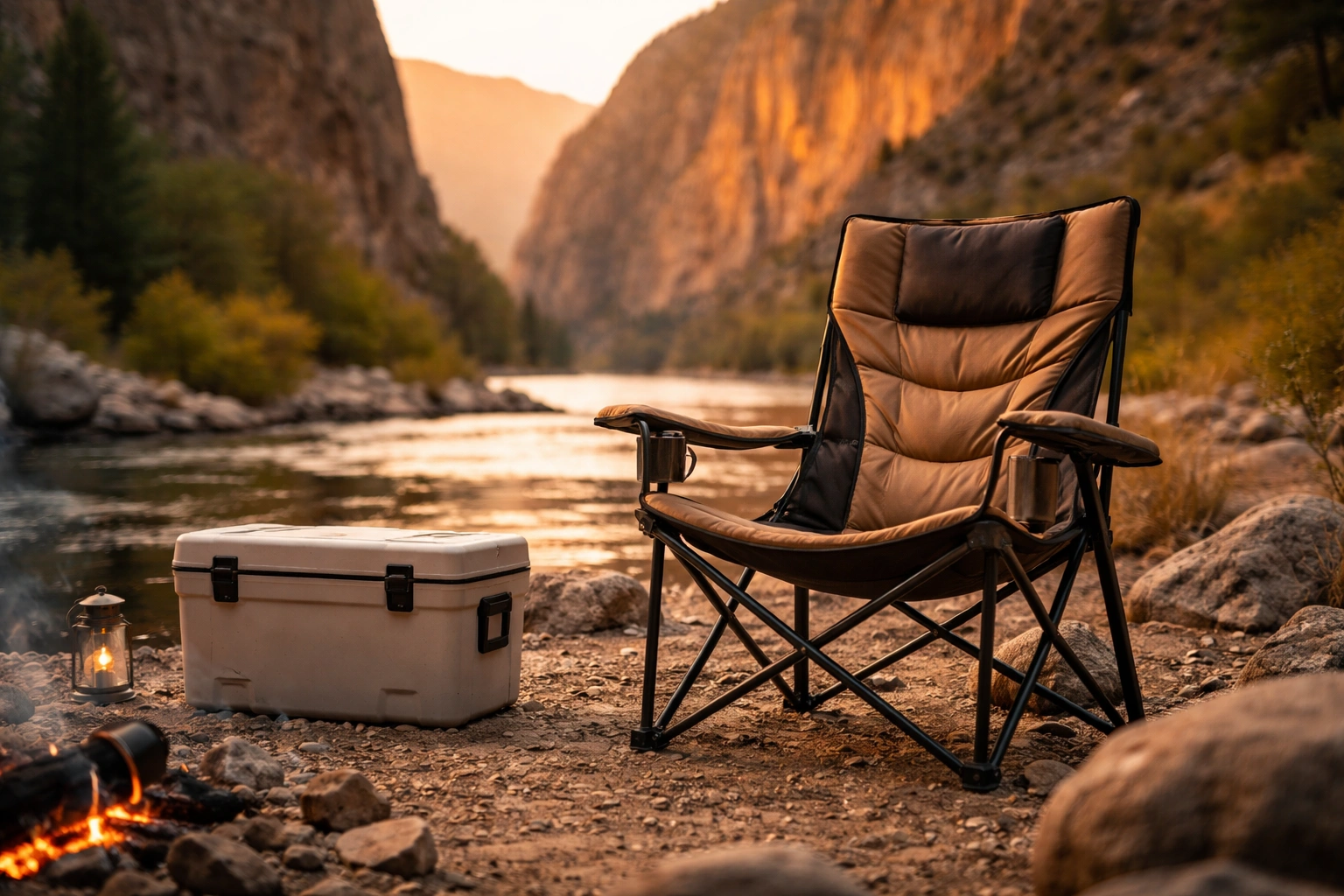 Premium heavy-duty camping chair on rocky riverside campsite at golden hour with canyon walls and warm sunset light on water