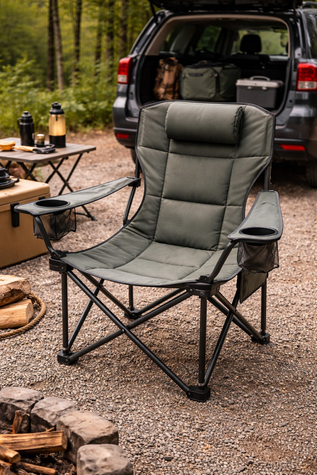 Oversized heavy-duty camping chair with powder-coated dark grey steel frame wide seat and tall backrest on gravel campsite near SUV tailgate