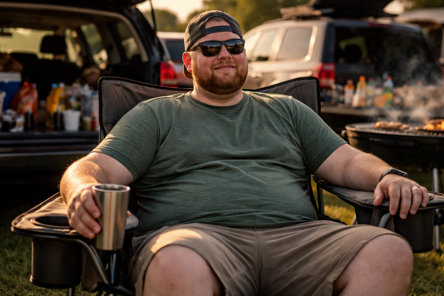 Large-built person sitting comfortably in wide heavy-duty camping chair at tailgate party with SUV tailgate and portable grill in soft background golden afternoon light