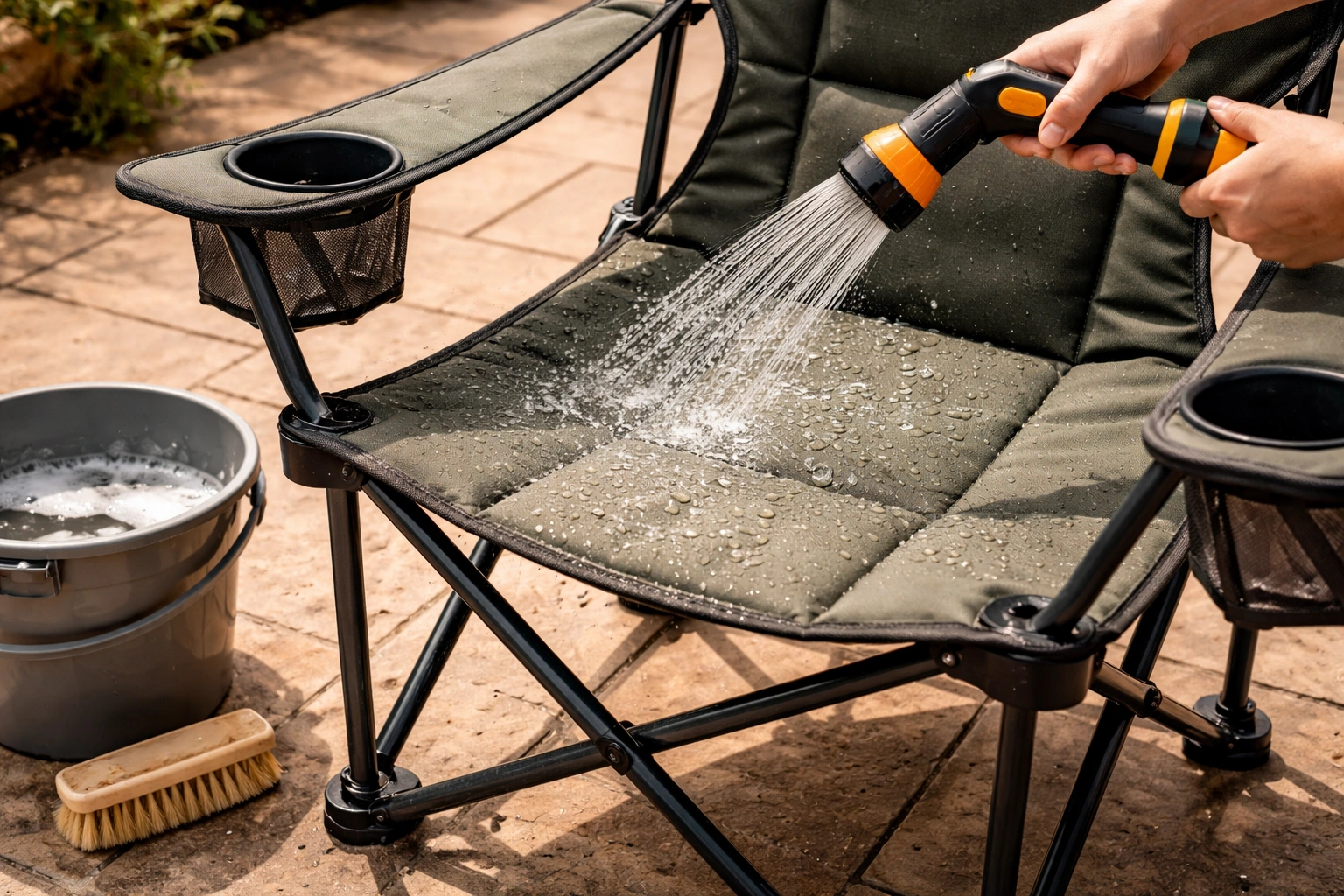 Hands hosing down camping chair fabric seat on sunny patio with water beading up on fabric surface showing water-resistant properties with soft brush and bucket nearby