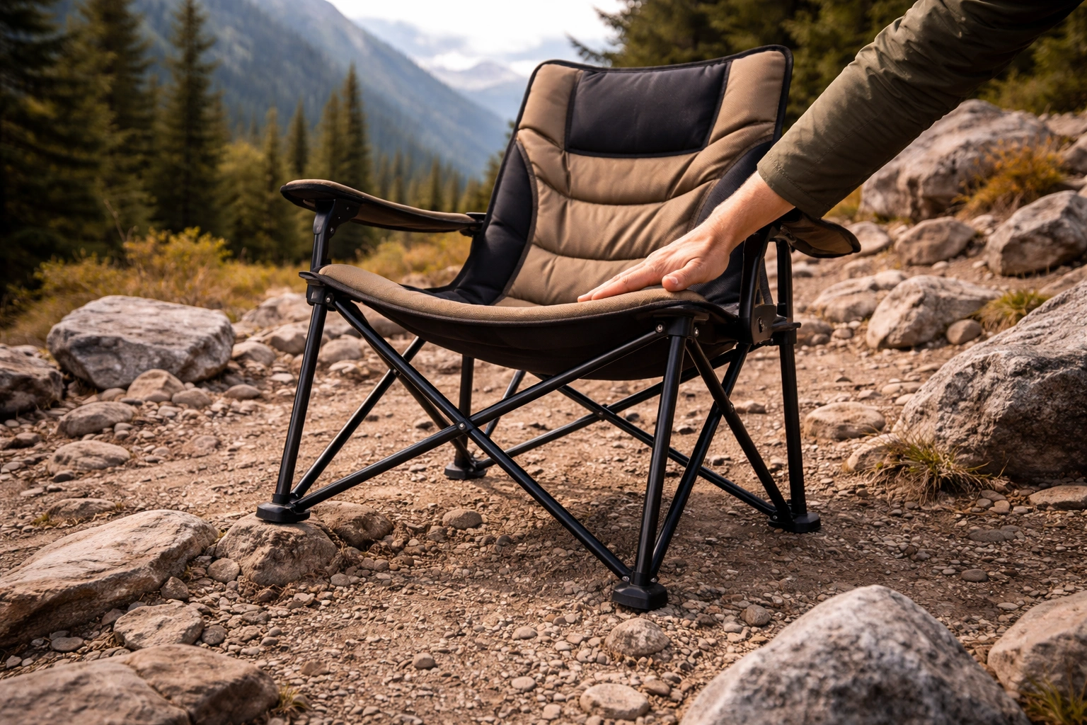 Heavy-duty camping chair on uneven rocky terrain with one leg higher than others showing stable level position with hand pressing on seat demonstrating stability