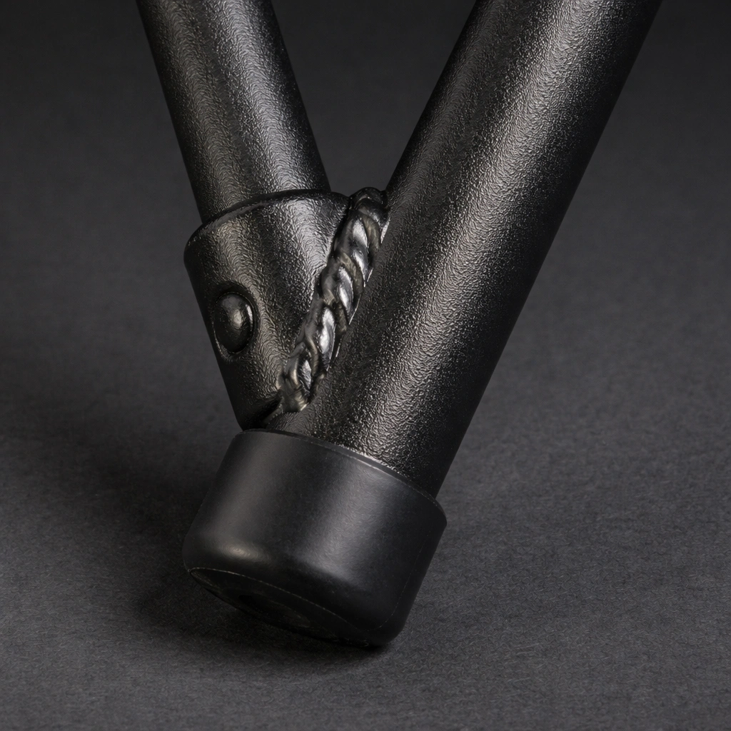 Macro of thick-walled powder-coated steel camping chair frame tube meeting reinforced welded joint with clean weld bead and rubberized foot cap on dark background