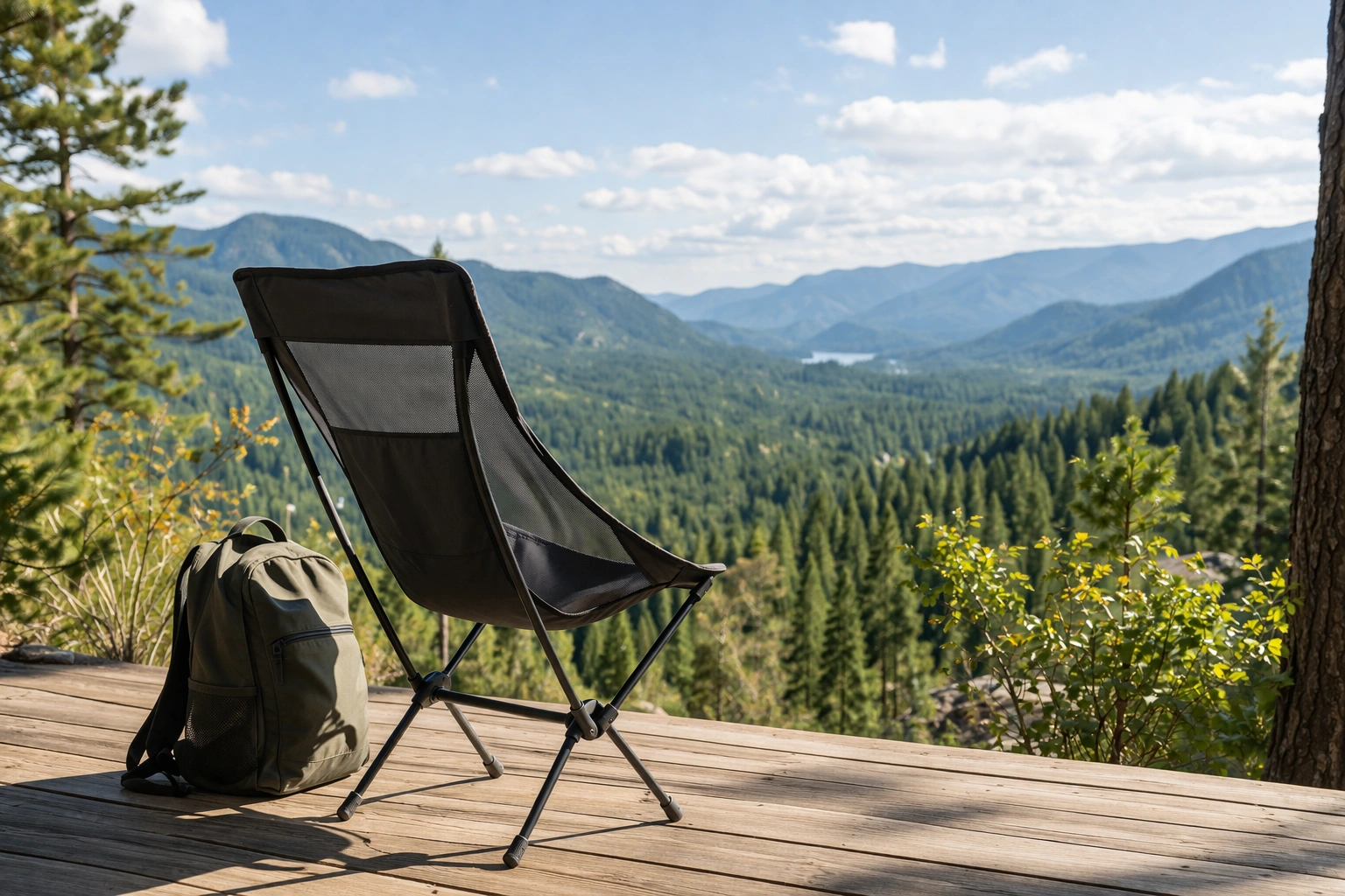 Compact lightweight aluminum frame camping chair with mesh back panel on wooden deck overlooking forested mountain valley with backpack beside it