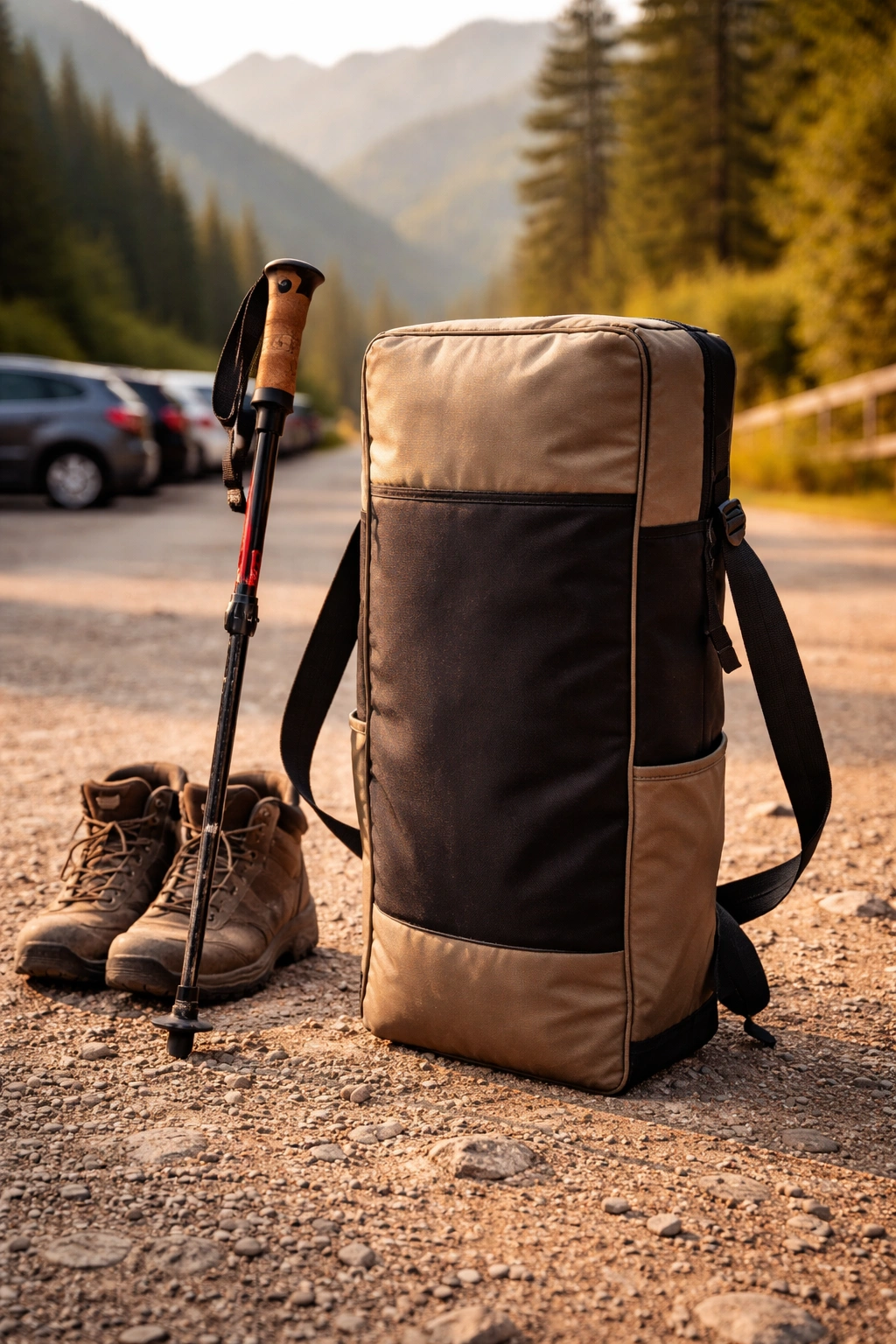 Compact camping chair in carrying case with shoulder strap standing on trailhead parking lot beside hiking boots and trekking pole in morning mountain light