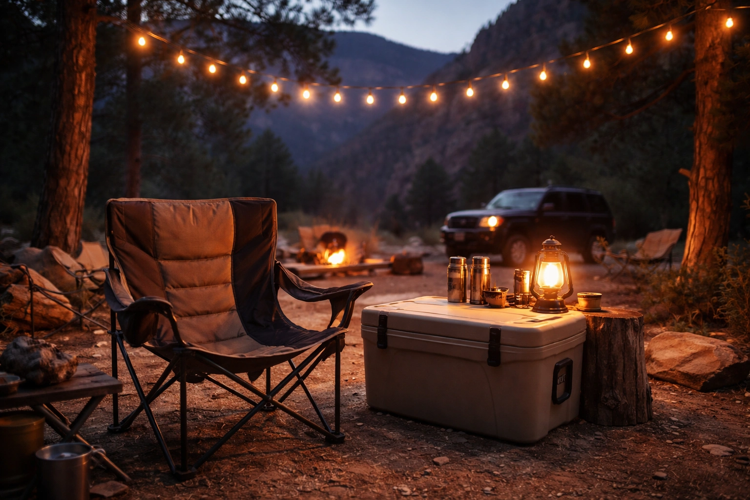 Elevated wide-angle of premium campsite at blue hour with heavy-duty camping chair as focal point near warm lantern and premium cooler with vehicle in background and string lights between trees