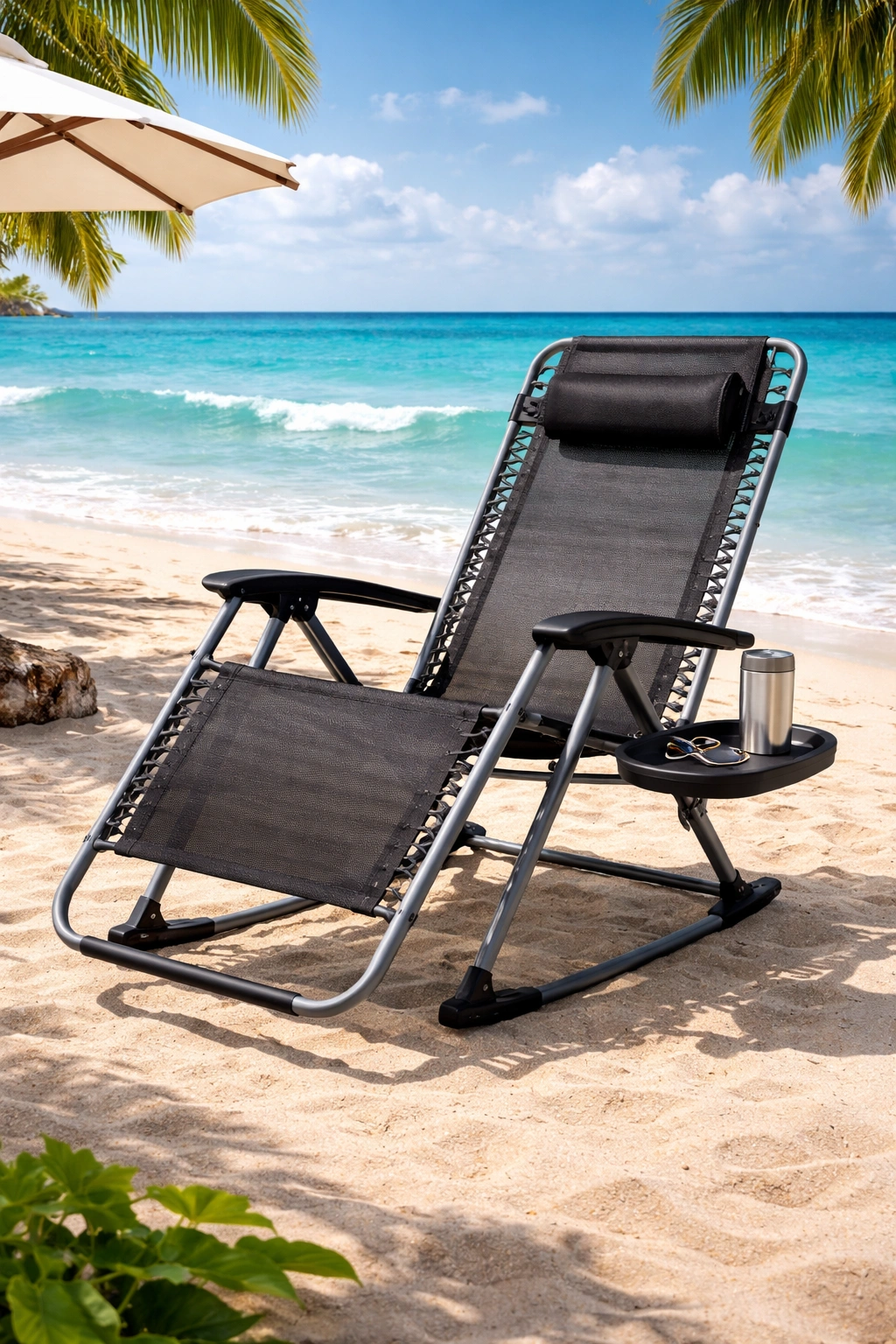 Zero gravity chair on beach with ocean view