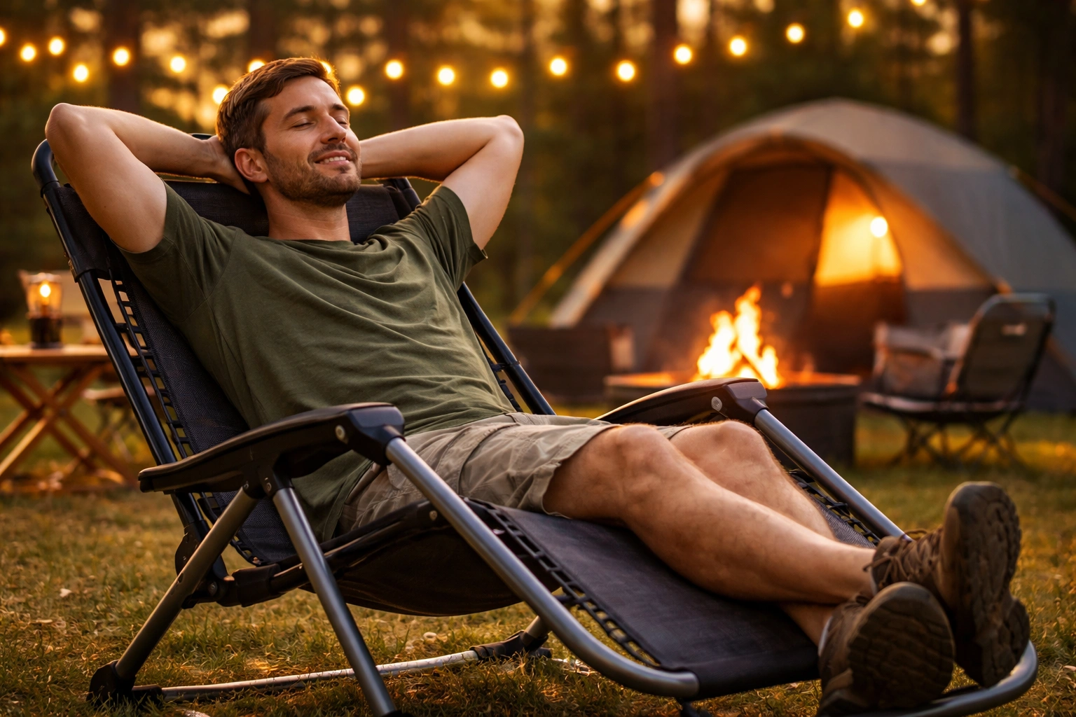 Person relaxing in zero gravity chair while camping